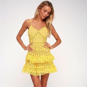 Lulus Beauty and Lace yellow crochet mini dress